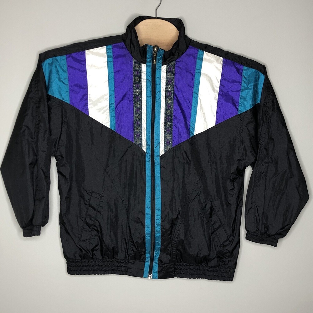 Bolo Spirit Men's Large Black Retro Windbreaker Full Zip Lined Track Jacket VTG